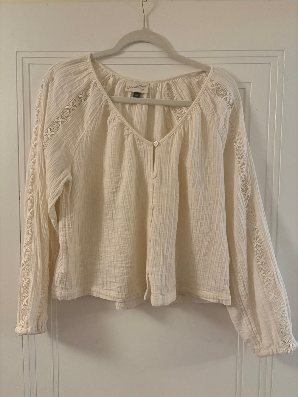 Universal Thread Cream Button-Front Gauze Blouse with Lace Insets
